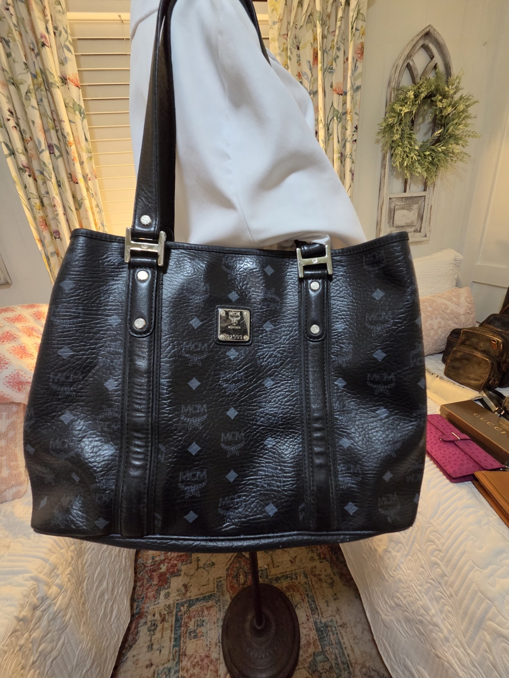 MCM Black Coated Canvas Logo Tote Bag